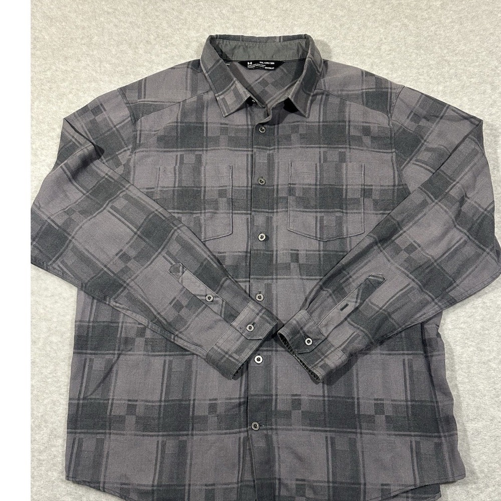 Under Armour Mens Plaid Long Sleeve‎ Button Up Shirt ColdGear XXL Loose Fit Gray - Picture 2 of 7